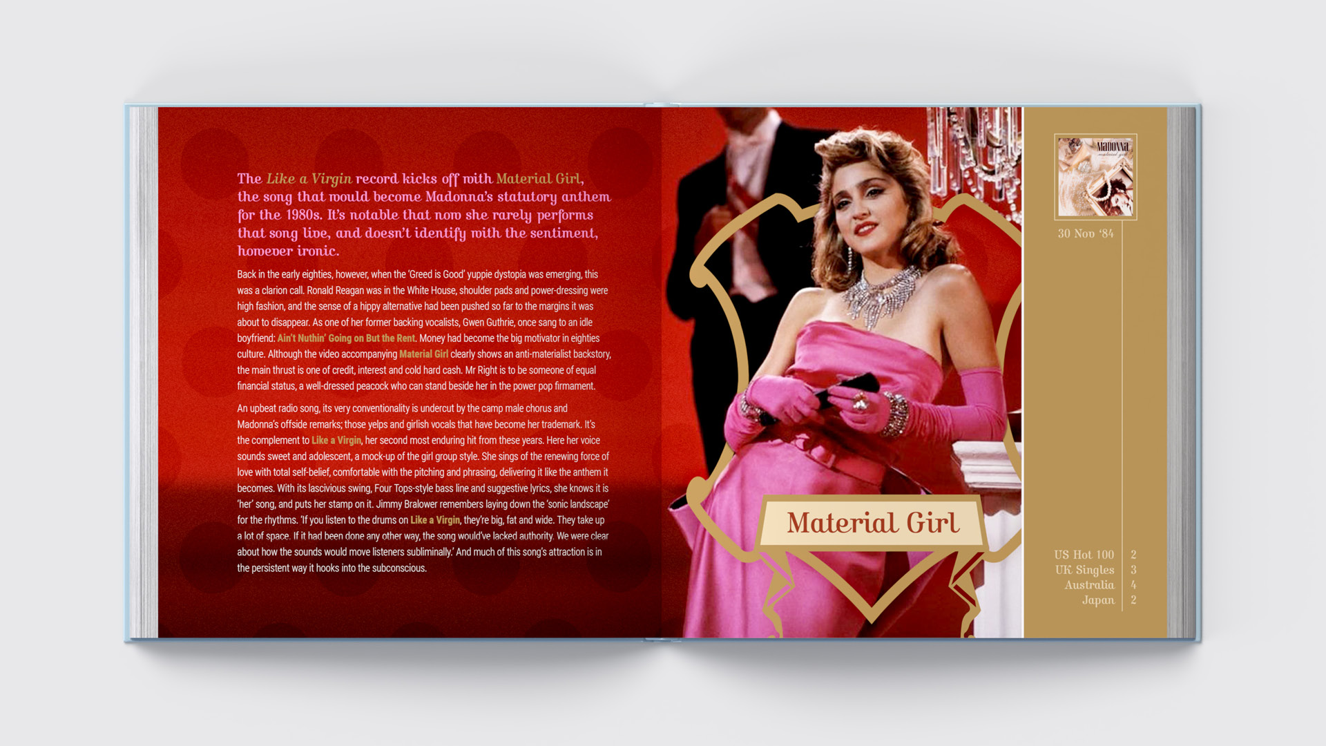 Madonna "The Immaculate Collection" box set design, hardcover book opened to Material Girl pages