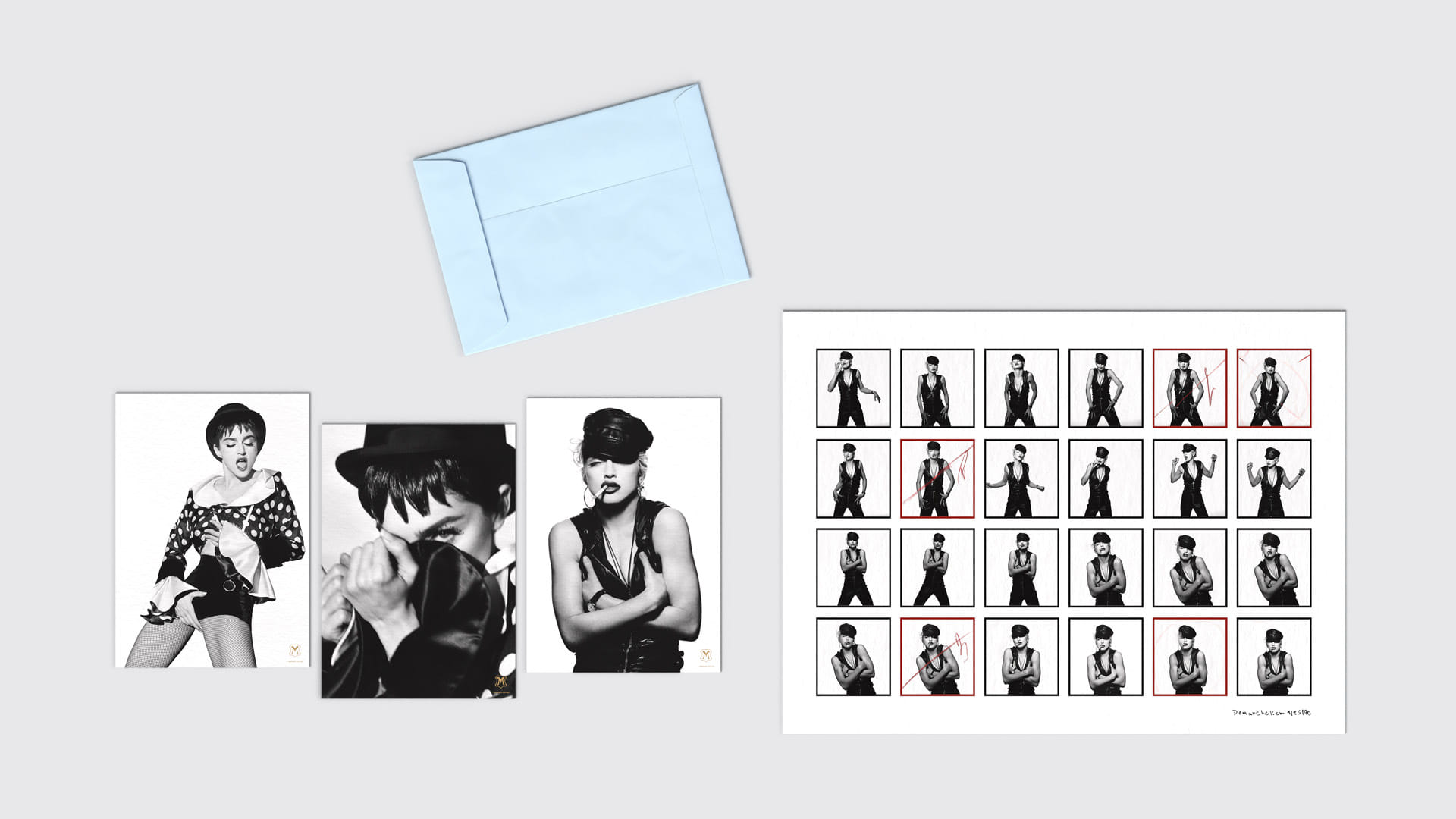 Madonna "The Immaculate Collection" box set design, blue envelope opened with posters and lithograph photos