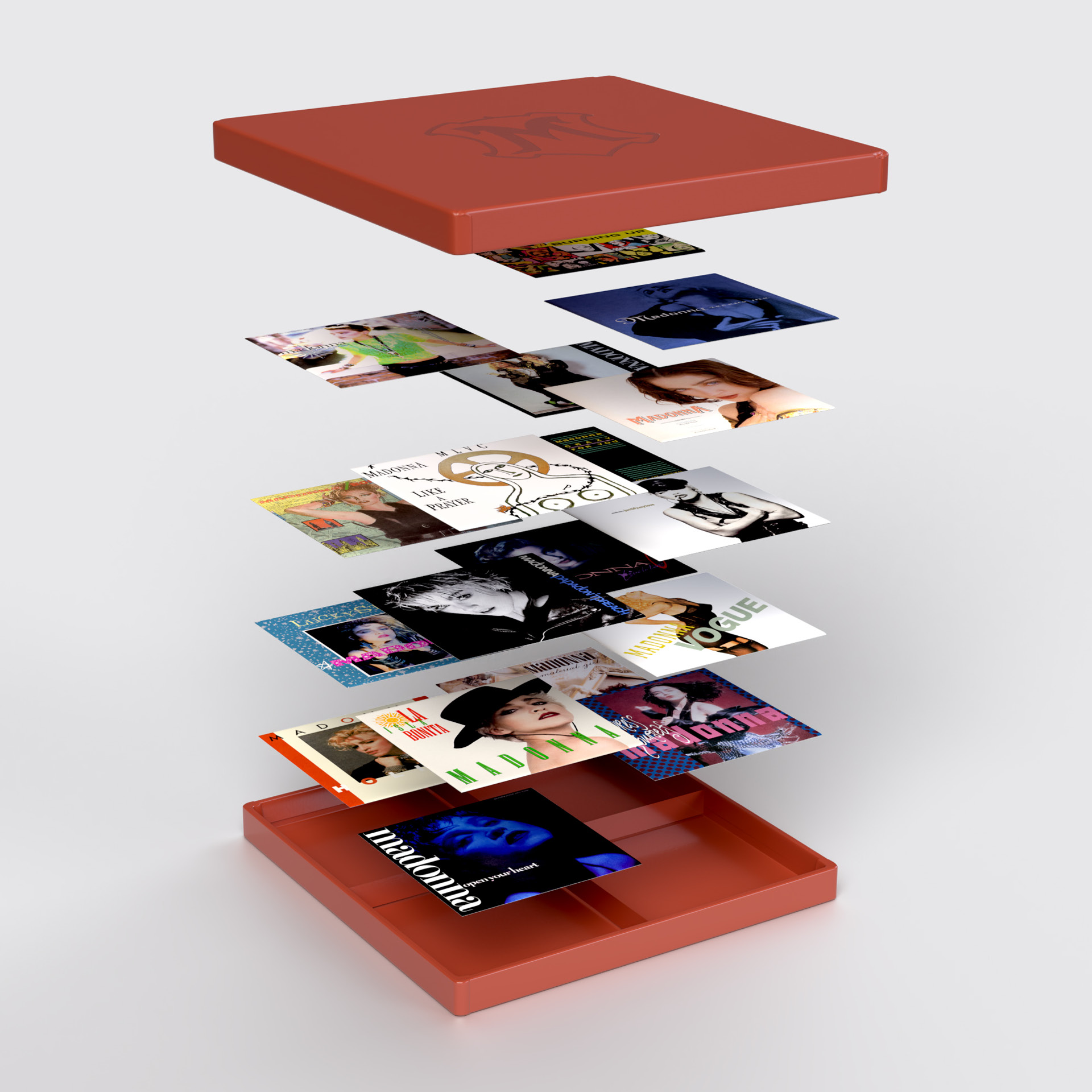 Madonna "The Immaculate Collection" box set design, red box open and 7" vinyl floating out