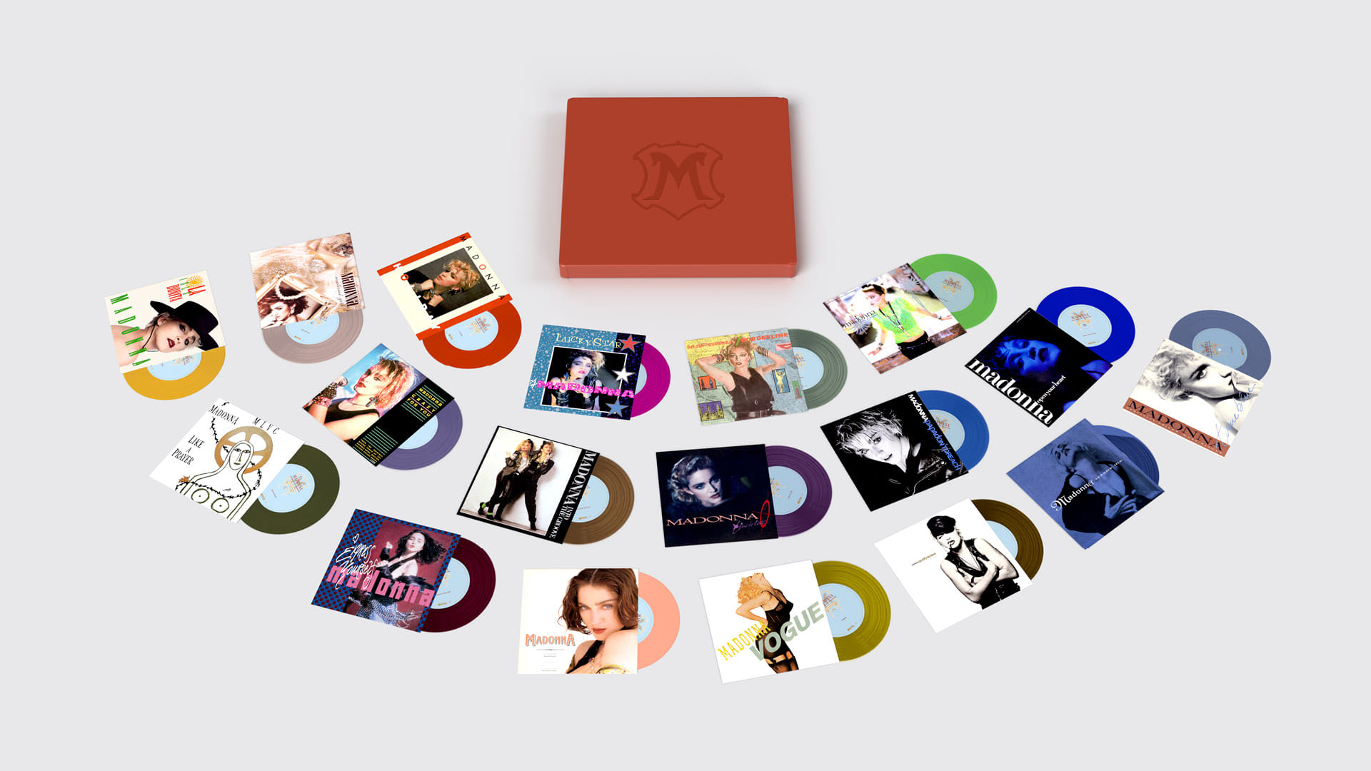 Madonna "The Immaculate Collection" box set design, red box opened to reveal 18 7" coloured vinyl singles