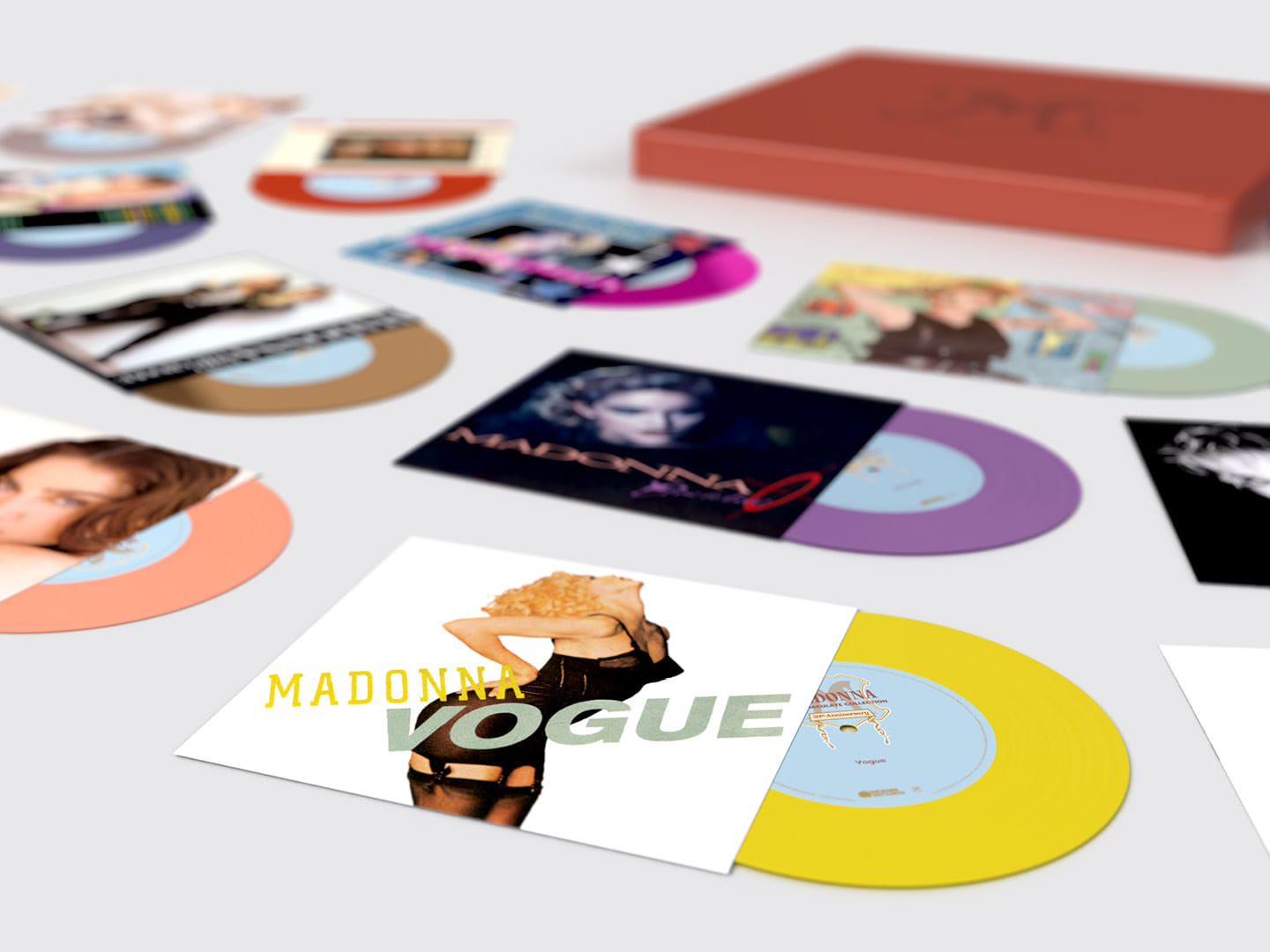 Madonna "The Immaculate Collection" box set design, close up of Vogue 7" coloured vinyl single