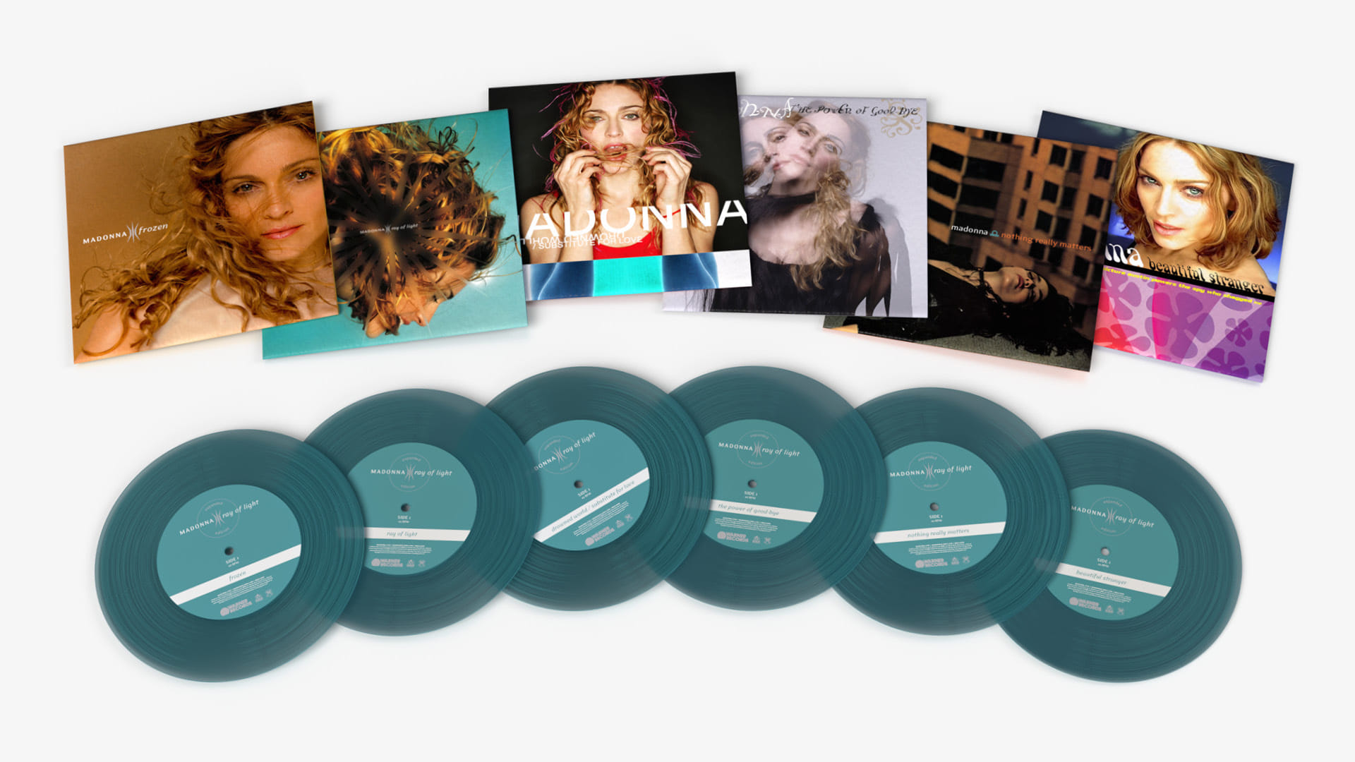 My redesigned and re-created series of Madonna's "Ray of Light" single covers, pressed on translucent blue 7" vinyl.