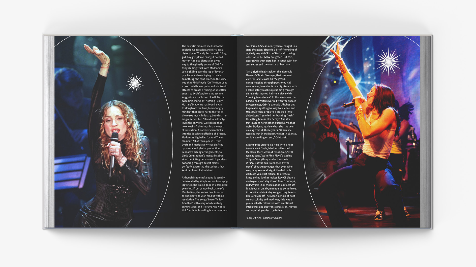 My design of a hardcover book focused on the making of Madonna's "Ray of Light" album, open pages