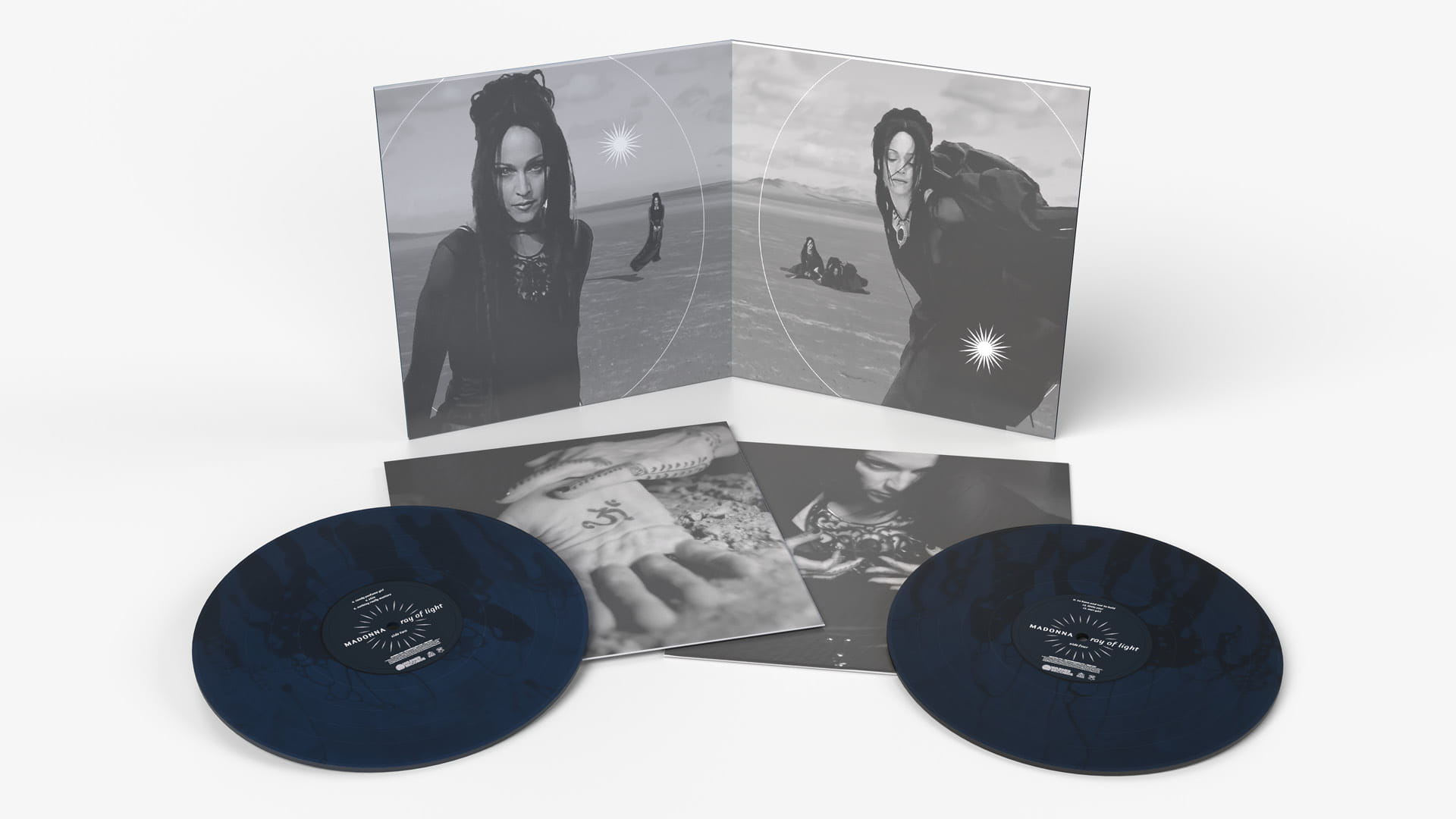 My redesigned Madonna "Ray of Light" album cover in a new vinyl edition design based on the "Frozen" music video, open spread with two vinyl LPs