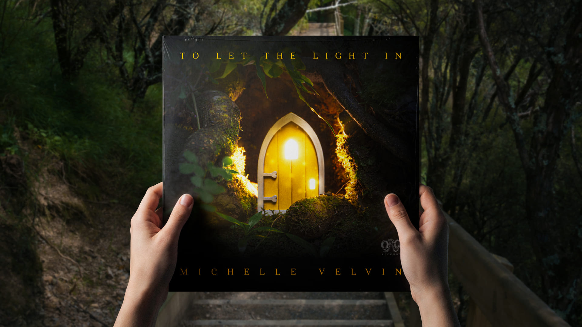 Michelle Velvin: 'To Let the Light In' album cover design mockup on vinyl